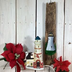 Ceramic Lighted Holiday Lighthouse and Handpainted Driftwood Lighthouse